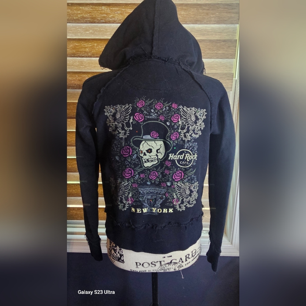 Hard Rock Cafe New York skeleton zip-up hoodie black purple distressed jacket - Picture 3 of 11